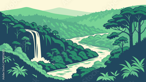 Stylized illustration of a winding river and waterfall in a lush green valley