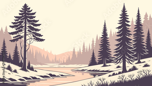 Winter forest landscape with river and pine trees landscape wilderness