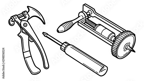 Black and white line art set of various manual hand tools for maintenance