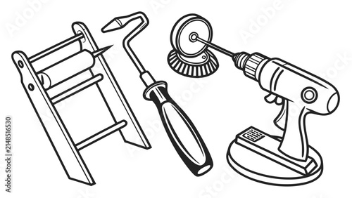 Handheld power tools and specialized workshop equipment graphic illustration