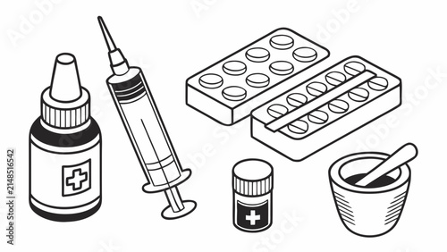 Medical supplies and pharmacy items including syringe and medication packs