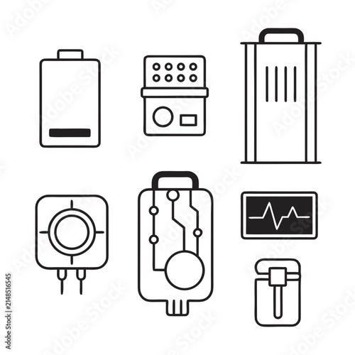 Electronic device and medical equipment line icon set with electronics, research