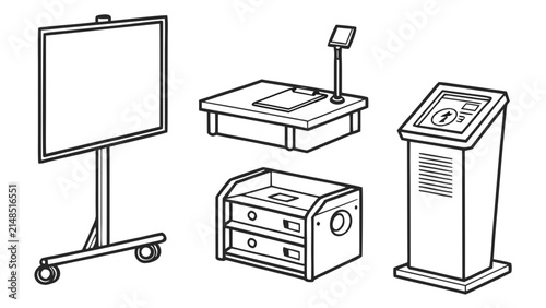 Office presentation and information kiosk line icons with self service, business