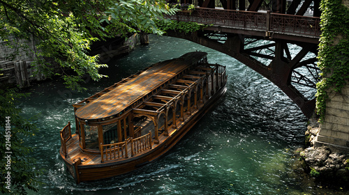Wooden boat navigating under a bridge surrounded by greenery