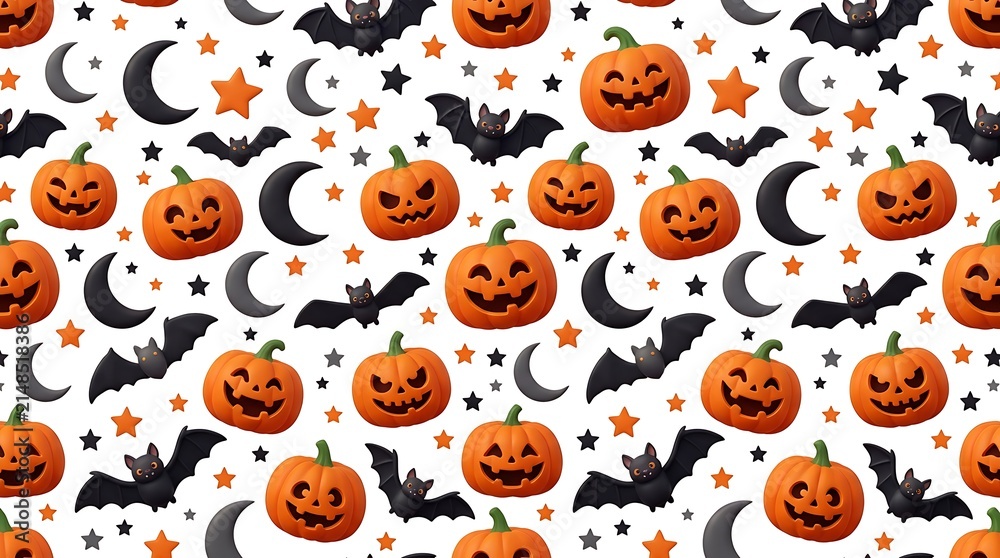 Fototapeta premium Cute Halloween Seamless Pattern with 3D Jack-o'-Lantern Pumpkins Flying Bats Moons and Stars on White Background