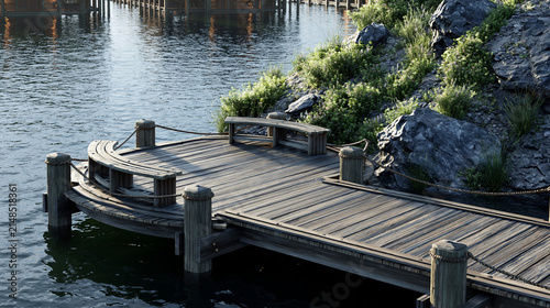 Wooden dock extending into calm lake surrounded by greenery. Fishing dock with public benches