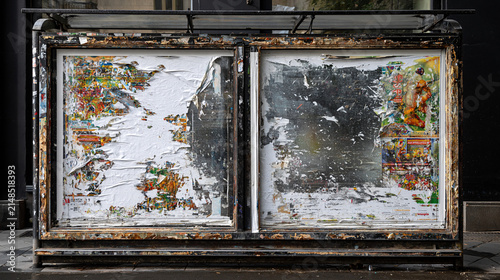 Weathered poster board with peeling paint on urban street, Street ad stand with peeling posters