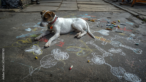 Playful dog resting on sidewalk with colorful chalk drawings. Dog near childrens street chalk drawings