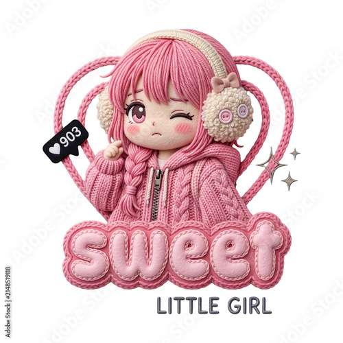 3D Knitted Texture Chibi Girl in Pink Hoodie Illustration Sticker Graphic