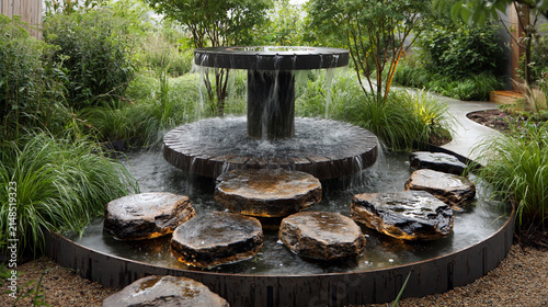 Modern garden water fountain surrounded by lush greenery and stones. Fountain with stepping stones across basin