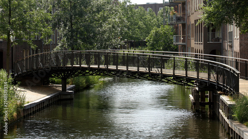 Wooden pedestrian bridge over calm water in urban landscape. Footbridge across narrow urban canal