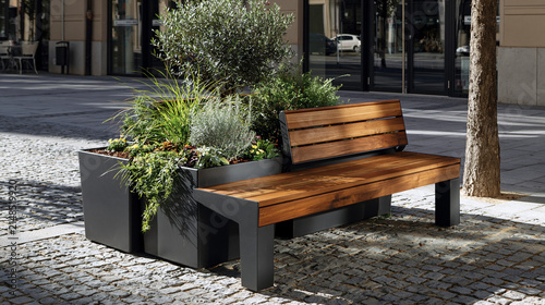 Modern wooden bench surrounded by greenery in urban setting. Outdoor bench with integrated flower