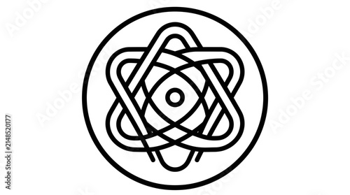 Stylized atomic structure circular line art logo icon.