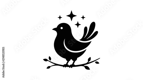 Stylized black bird icon sitting on branch.