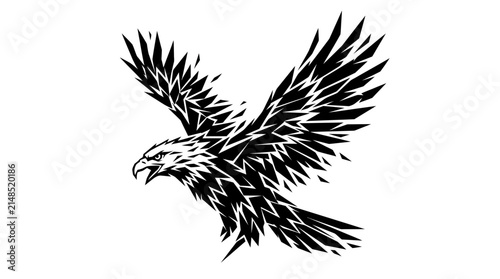 Stylized black eagle flying icon on white background.