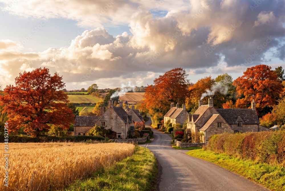 Fototapeta premium Cotswolds autumn village landscape with stone cottages and colorful trees