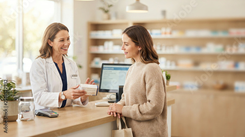 Pharmacist explaining medication box to customer at pharmacy counter