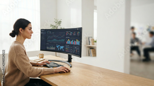 Woman at desk with curved monitor displaying analytics