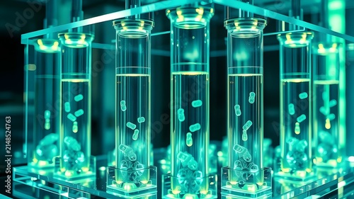 Illuminated glass cylinders containing floating capsule particles in teal pharmaceutical research setup