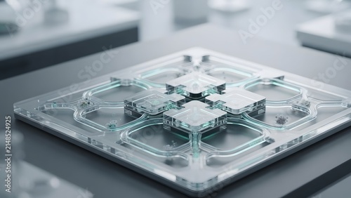 Transparent microfluidic chip device with interconnected channel wells placed on laboratory bench
