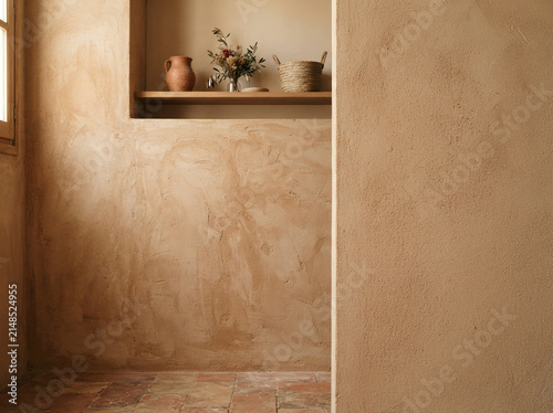 Recessed plaster niche holding a terracotta pot dried flowers and a basket