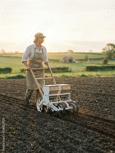 Woman pushing a hand seed drill across a ploughed field at sunset