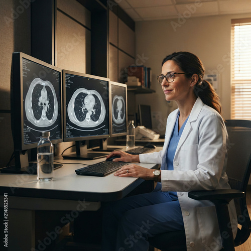 Female doctor in a lab coat reviewing CT scans on two monitors at a desk