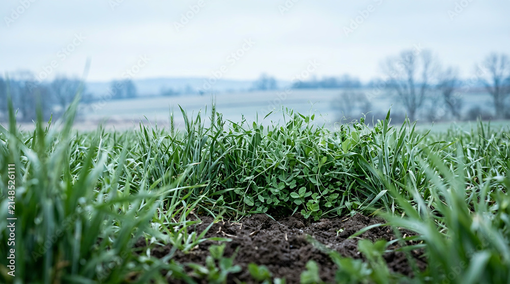 Obraz premium Green grass and clover growing from dark soil under an overcast grey sky