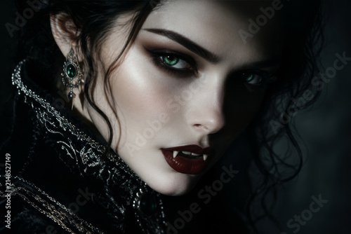 Portrait of a beautiful gothic woman as a vampire. Close up of a female with sharp fangs, green eyes and dark makeup. Mysterious supernatural character for Halloween fantasy theme.