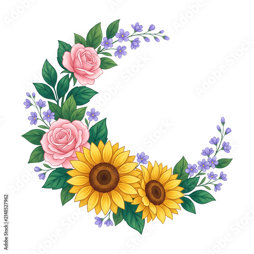 Colorful floral wreath with sunflowers and lavender isolated on transparent background