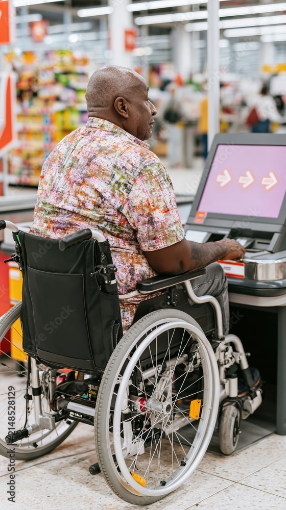 Obraz premium A man in a wheelchair at an accessible self-checkout terminal, looking at directional arrows on a screen in a grocery store for retail concept