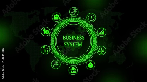 Business system text inside a glowing green circular interface with various business and a dark map background for technology concepts