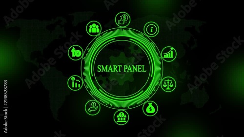 Glowing green smart panel interface with circular and map background digital network concept for business and financial data analysis