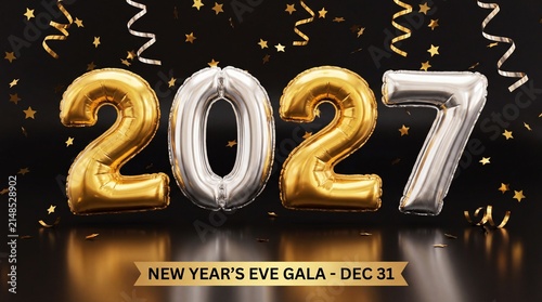 Gold and Silver 2027 Foil Balloons for New Year Celebration