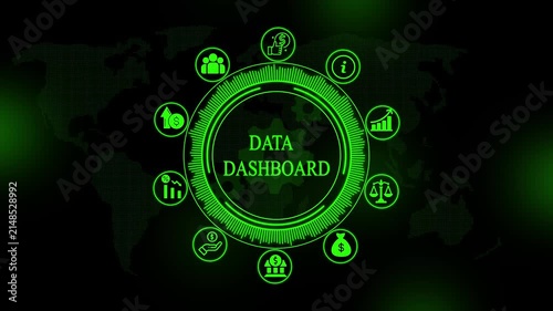 Glowing green digital data dashboard interface with circular and map background for financial analysis and business intelligence concepts