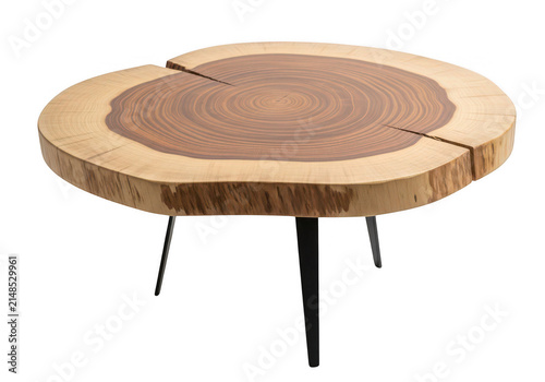 Wood slice coffee table with metal legs on transparent background furniture