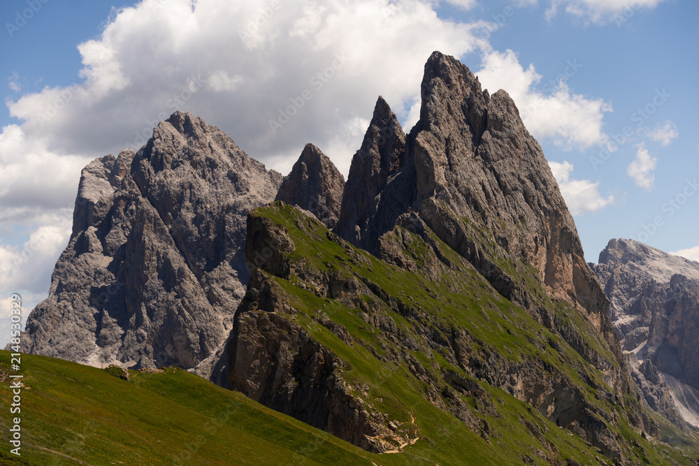 Obraz premium Idyllic mountain landscape in the Alps with blooming meadows, Alpe di Cisles, Seceda Ridgeline, Dolomiti , Pieralongia, Col Raiser