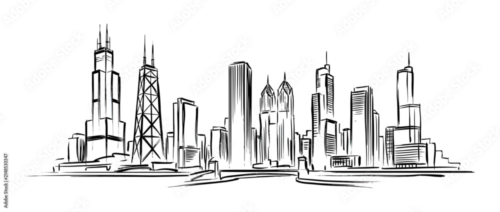 Fototapeta premium Hand-drawn city skyline sketch with tall buildings