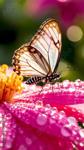 Glasswing butterfly resting on a dew covered pink flower.