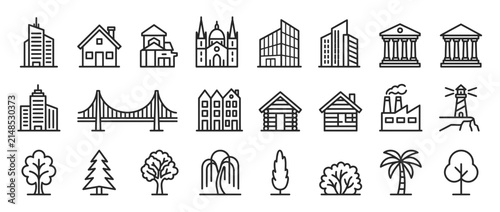 Outline Icons of Buildings, Trees, and Structures