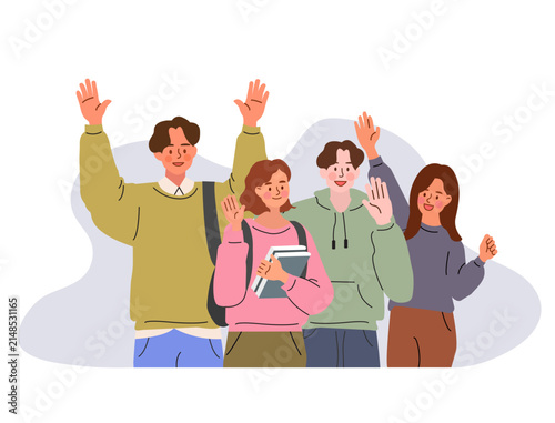 Students Waving Hands Flat Illustration