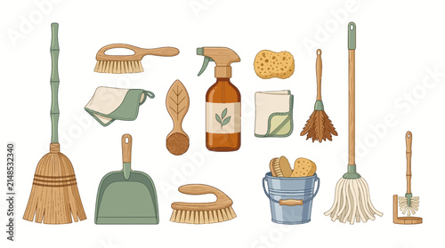 Eco friendly household cleaning tools set isolated on white background vector illustration