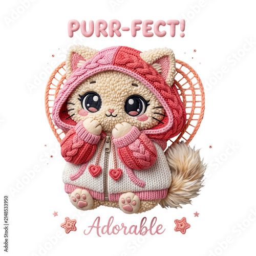 Knitted Textile Crochet Style Cute Cat Wearing Hooded Jacket Graphic Illustration Design