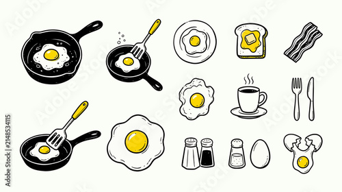 Obraz na płótnie Breakfast Food Icons: Fried Eggs, Bacon, Toast, Coffee