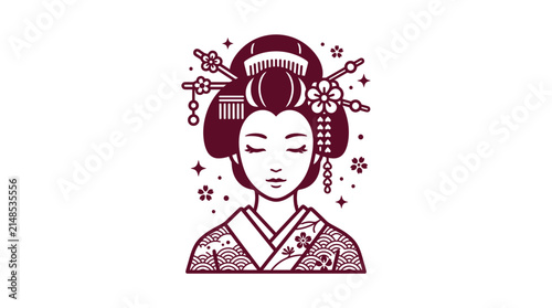 Purple geisha portrait with floral hair decorations illustration