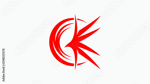 Red circular abstract logo with sharp strokes.
