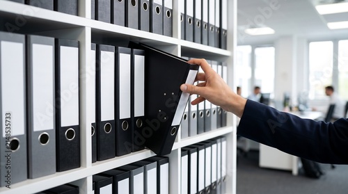 Close-up of a hand reaching out and pulling a black ring binder folder from a white bookshelf in a modern office environment, representing document organization, data archiving, and office work.
