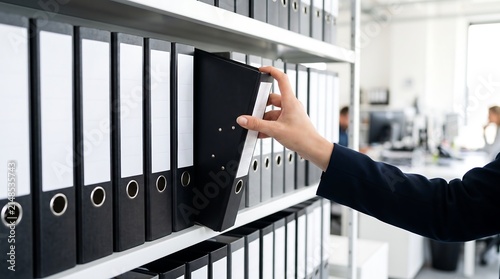 Close-up of a hand reaching out and pulling a black ring binder folder from a white bookshelf in a modern office environment, representing document organization, data archiving, and office work.