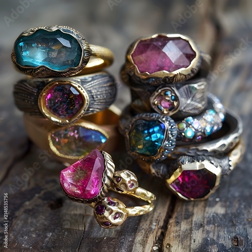 Artisanal Handcrafted Gemstone Rings Stack on Rustic Wood