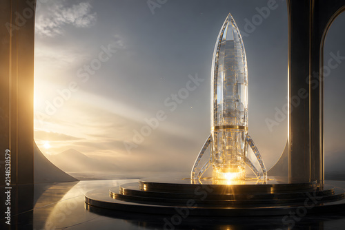 Crystal Rocket Launch on Luxury Obsidian Platform Symbolizing Startup Growth